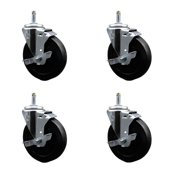 Service Caster 5'' Soft Rubber Wheel Swivel 7/16'' Grip Ring Stem Caster Set with Brake, 4PK SCC-GR20S514-SRS-TLB-716138-4 - main